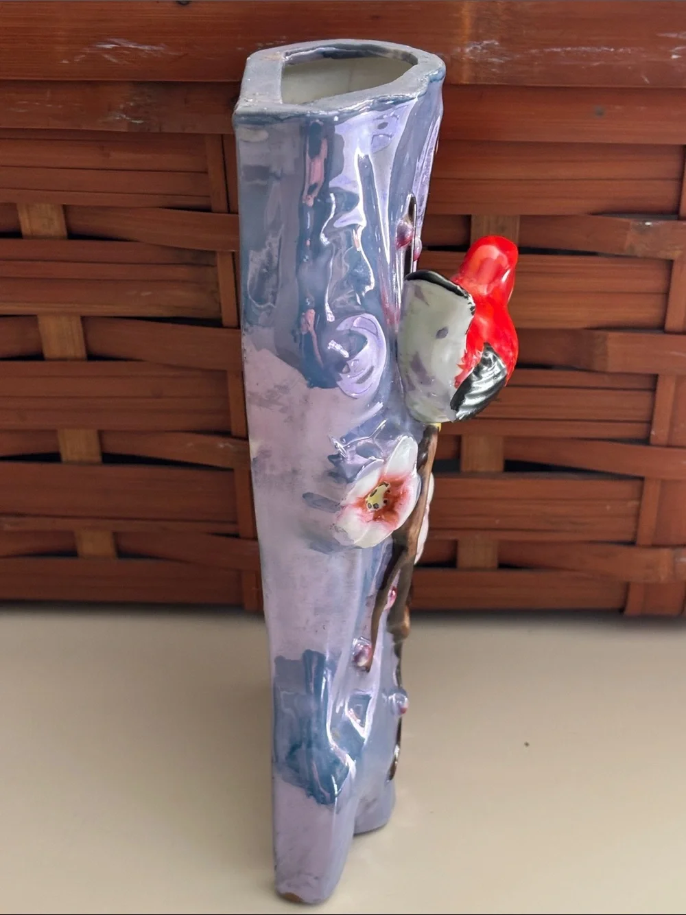 Vintage Japanese Lusterware Bird Wall Pocket Vase Red Bird Cherry Blossom/Branch
